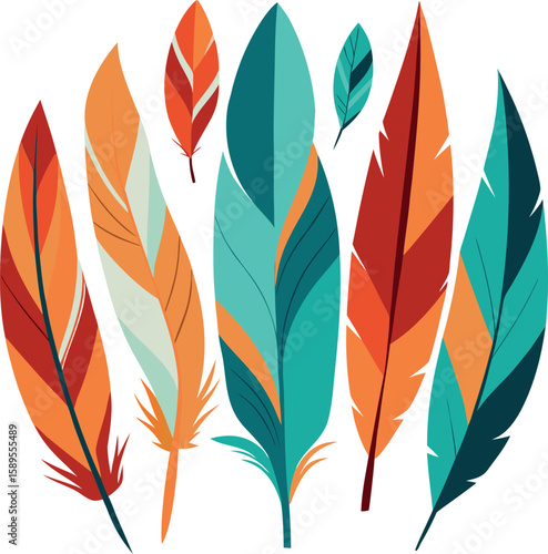 Collection of stylized feathers in warm and cool colors on a white background