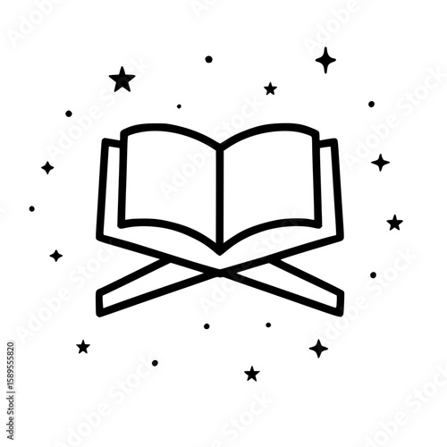Minimalist Open Holy Book on Rehal Stand with Stars Icon
