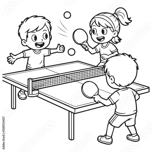 Three happy cartoon children playing table tennis together on a ping pong table with paddles and balls in a fun outdoor activity