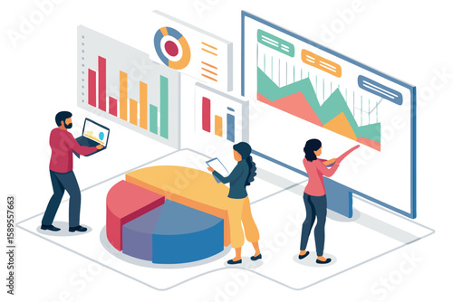 Data Analysis Team Reviewing Charts Graphs and Pie Chart Business Analytics Reporting and Performance Review Meeting
