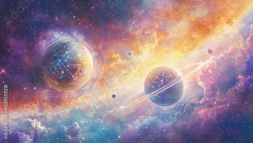 Planetary Alignment, Esoteric Planetary Alignment , Elegant celestial background with subtle stars and centered natal chart, muted blue and silver tones, Instagram ads for astro  