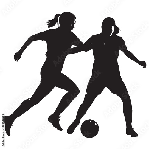 Two female soccer players in silhouette battling for possession of the ball on a white background