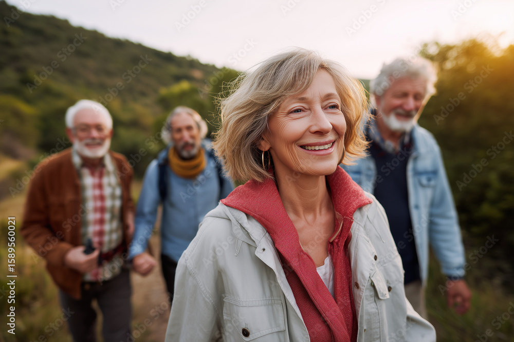 Happy senior friends enjoying a scenic outdoor hike together in nature during golden hour Happy senior friends enjoying a scenic outdoor hike together in nature during golden hour