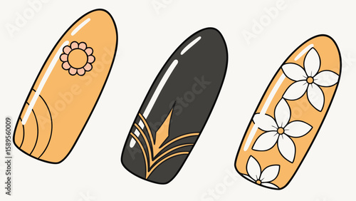 Orange and black nail art designs with floral patterns manicure beauty