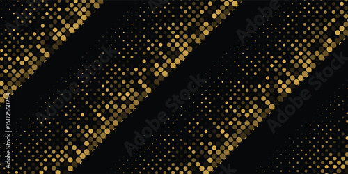 Abstract luxury banner with golden glittering dots on black background. Sparkling glitter bottom border, vector frame. Halftone effect. Magical gold dust. Pop art style backdrop.