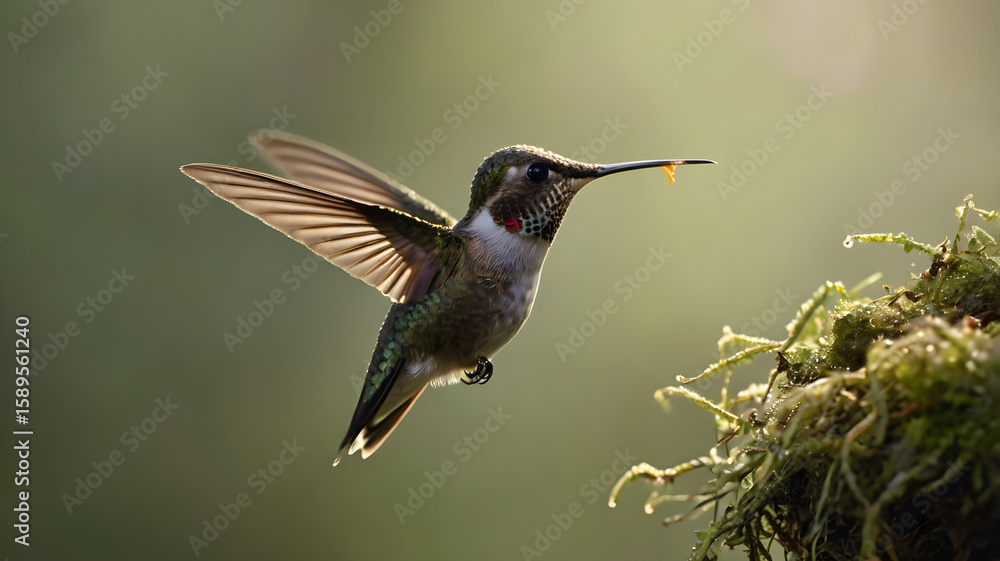 Fototapeta premium Hummingbird Hovering Over Nest to Feed Chicks in Rainforest