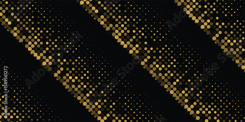 Abstract luxury banner with golden glittering dots on black background. Sparkling glitter bottom border, vector frame. Halftone effect. Magical gold dust. Pop art style backdrop.