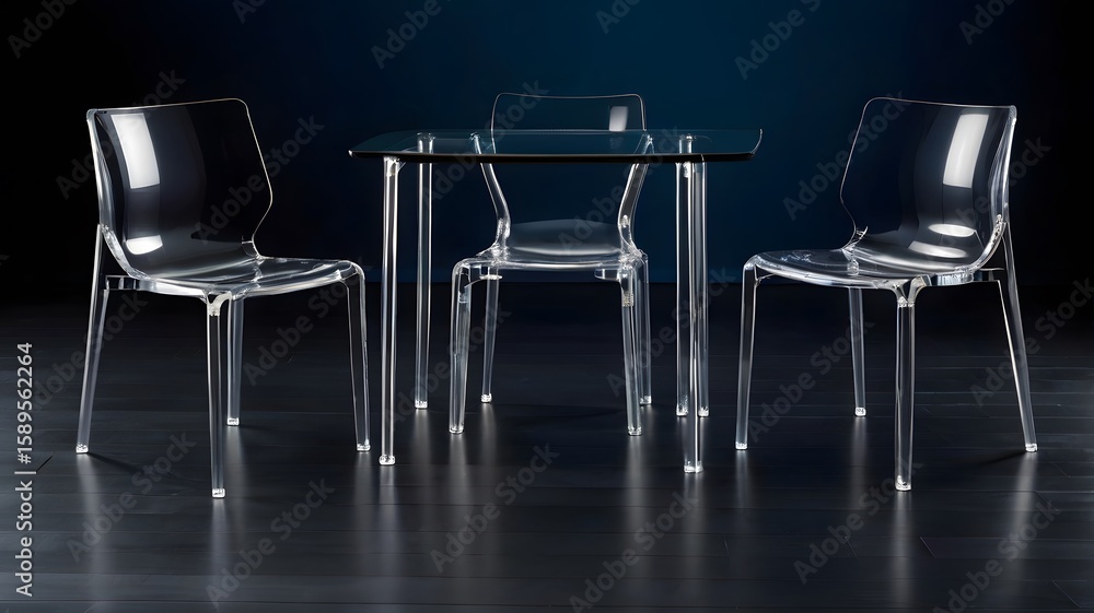 Obraz premium Modern transparent dining set with glass table and chairs, arranged in a moody and elegant space. 