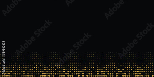 Abstract luxury banner with golden glittering dots on black background. Sparkling glitter bottom border, vector frame. Halftone effect. Magical gold dust. Pop art style backdrop.