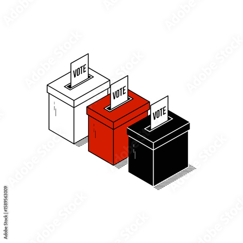 Democracy's Choice: Minimalist depiction of ballot boxes, with vote slips inserted. Symbol of participation, fairness, and political engagement. 