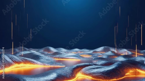 Abstract landscape with glowing orange lines on a textured blue surface. The scene conveys a futuristic and digital concept.