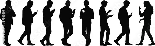 Silhouettes of people interacting with mobile devices phones set, bundle, vector, isolated on white background, cutout, png, clipping path, transparent, image, download, 2025,2026