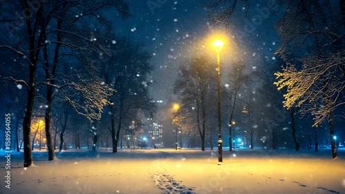 Snowy park at night with streetlights