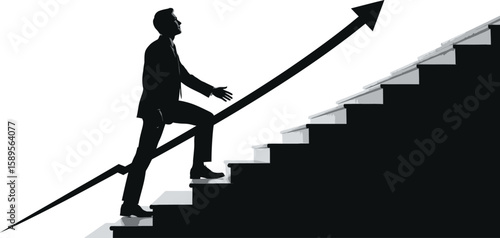Businessman in silhouette walks up steps with an arrow symbolizing growth, ambition, and business development.