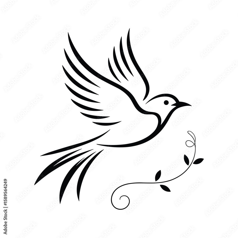 Obraz premium Stylized black bird with open wings and a delicate vine flying tail feathers