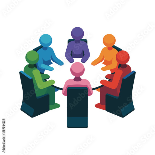 Round Table Assembly:  An illustration depicting a diverse group of individuals assembled around a circular table. A vivid representation of collaboration, and brainstorming. 