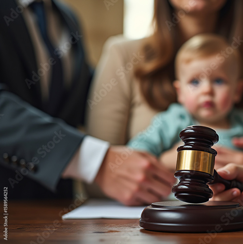 A father and mother engage in a court session focused on child custody while their baby attentively watches. The atmosphere reflects both tension and care for family matters