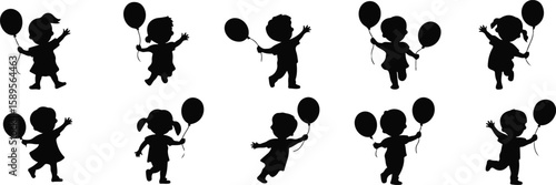 Children silhouettes holding balloons black white set, bundle, vector, isolated on white background, cutout, png, clipping path, transparent, image, download, 2025,2026