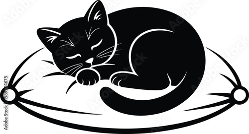 Cat sleeping curled on pillow silhouette of kitten napping on soft pillow minimalist style vector illustration in black and white