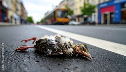 Fototapeta Naklejka Na Ścianę i Meble -  A dead baby bird lies on a city street (2)