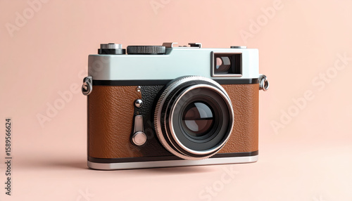 Vintage camera with leather texture and metal lens on soft pastel background, evoking nostalgic and classic photography style