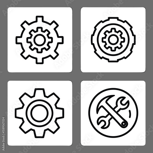 Four thin line icons for settings and tools gear cogwheel