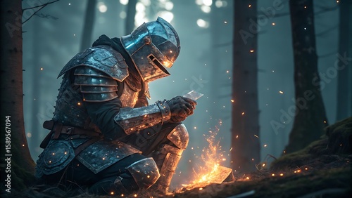 Knight in shining armor contemplating in a forest medieval
