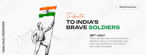 Powerful tribute artwork for Kargil Vijay Diwas featuring brave soldiers, Indian flag, and patriotic symbolism. Ideal for social media posts honoring India's military valor on 26th July