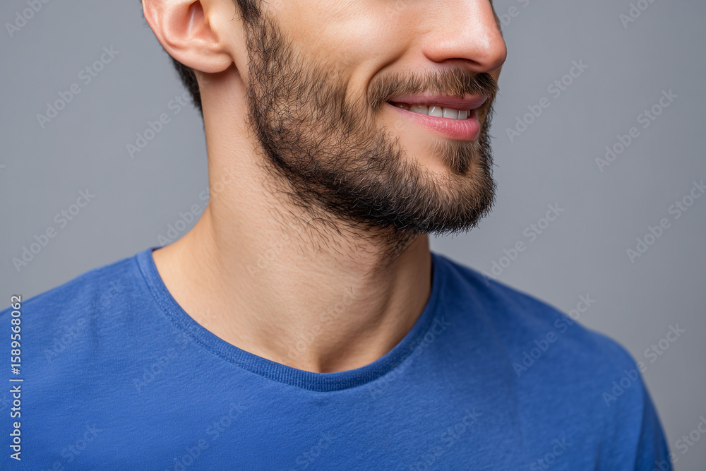 Obraz premium Close-up of a smiling young man with a beard wearing a blue t-shirt against a gray background