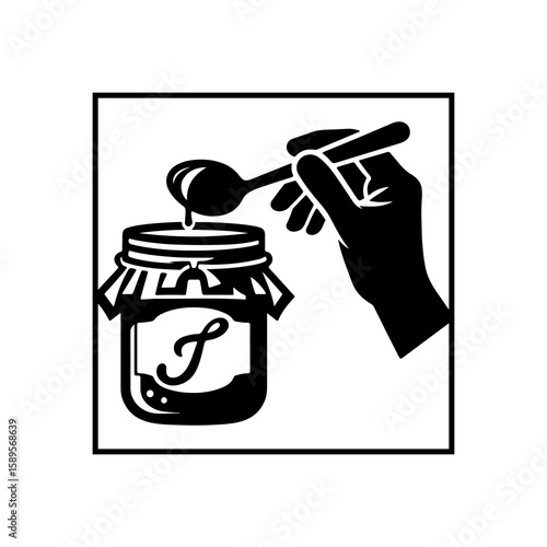 Delicious jam being scooped with a spoon from a jar, a culinary graphic perfect for branding food products or designing menus.