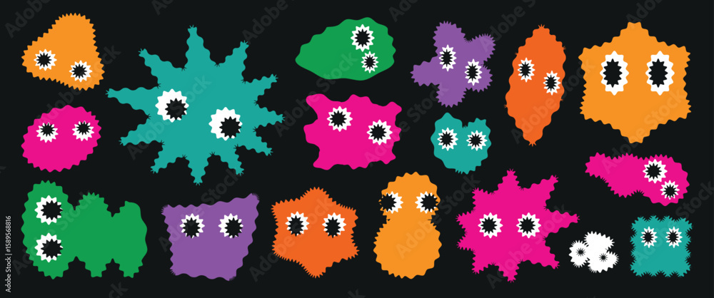Fototapeta premium Colorful Vector Icons Set with Circular Frames and Playful Monster Heads – Cute and Funny Characters for Children’s Designs and Logos