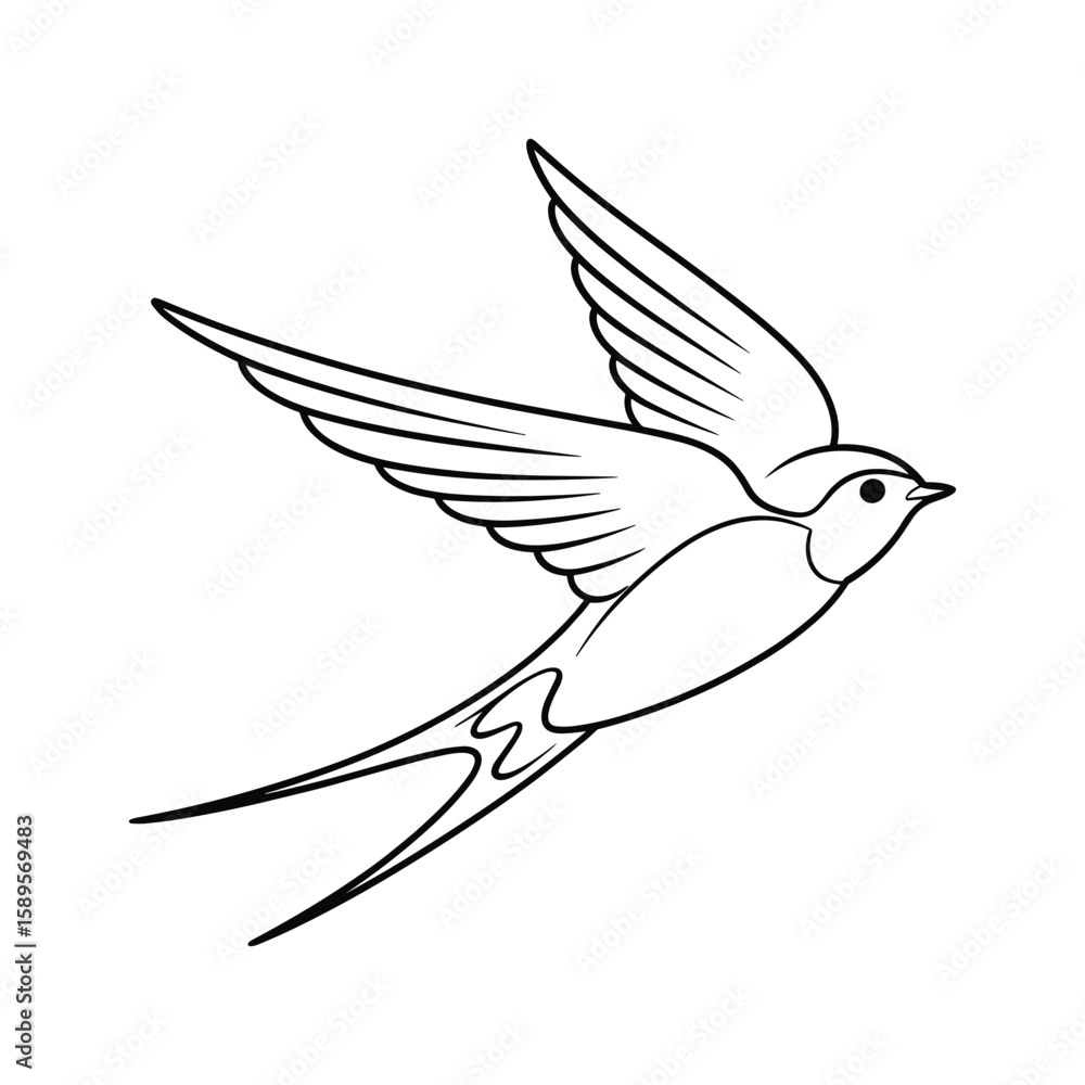 Fototapeta premium Stylized swallow bird in flight with forked tail and spread wings flying
