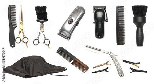 Photo of collection of barber tools including combs, scissors, clippers, and razors isolated on transparent background