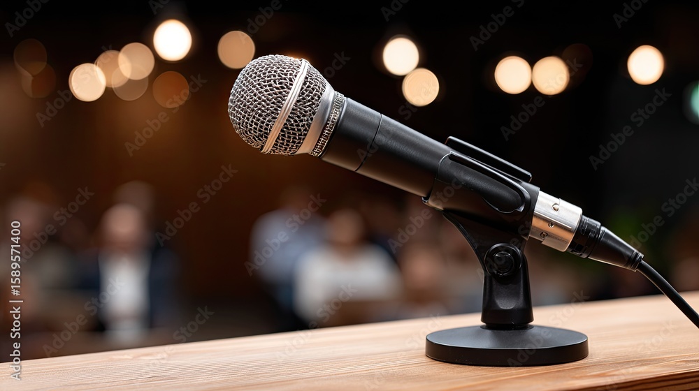 Obraz premium A microphone stands on stage, lit softly, as an audience watches, creating an electric atmosphere