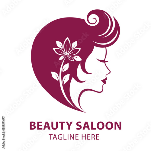 A vibrant beauty salon logo featuring a woman's profile with flowing hair and a floral accent, ideal for spas