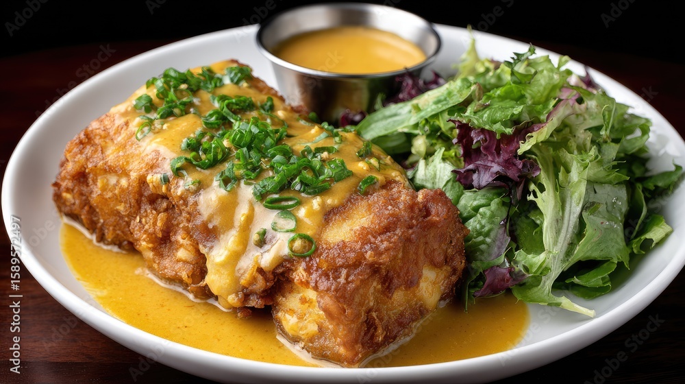 Delicious fish fillet with yellow sauce and a vibrant salad, beautifully presented in studio lighting Delicious fish fillet with yellow sauce and a vibrant salad, beautifully presented in studio lighting