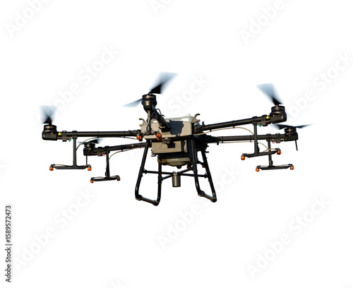 Agricultural technology smart farm concept. Farmer technicians remotely fly agricultural drones to fly to spray fertilizer in fields.