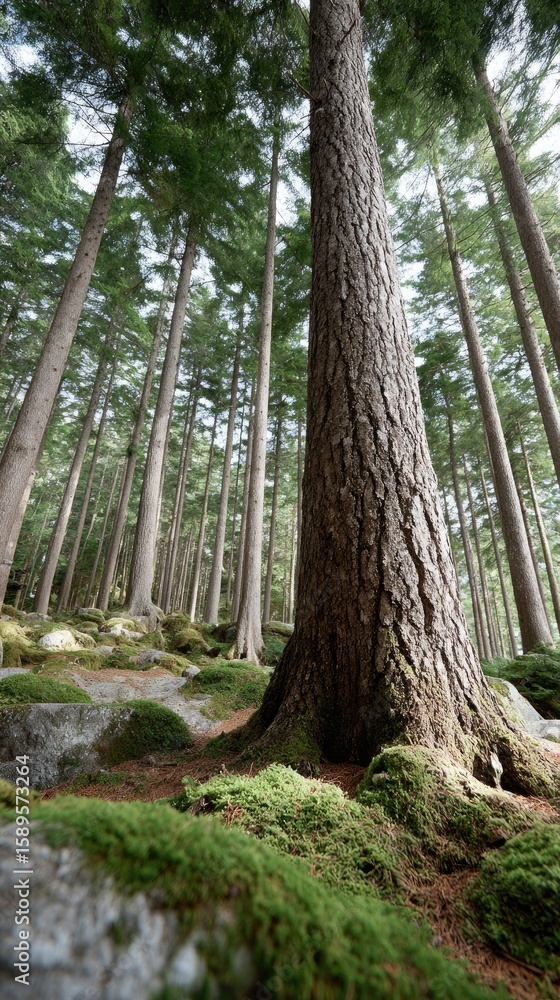 Experience a majestic tree with lush green leaves extending towards the canopy in a tranquil forest setting Experience a majestic tree with lush green leaves extending towards the canopy in a tranquil forest setting