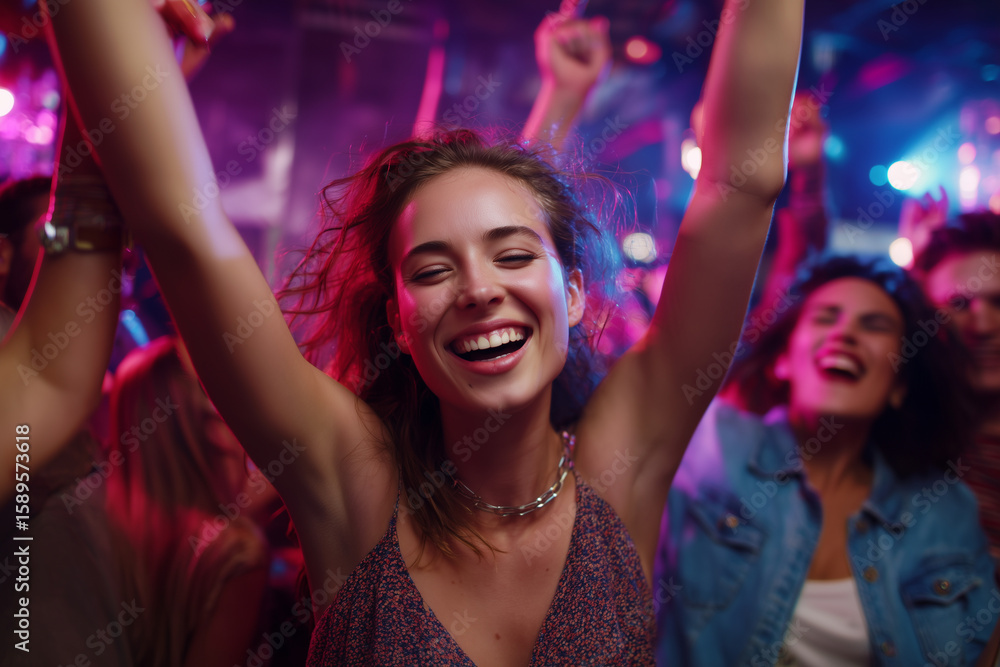 Fototapeta premium Happy young woman enjoying and dancing at a vibrant nightclub party with colorful lights and joyful crowd