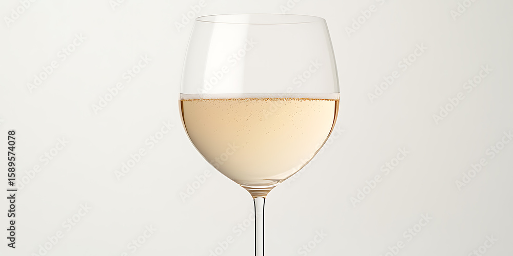 Fototapeta premium Elegant glass of white wine with delicate bubbles. Minimalist composition on a bright neutral background.