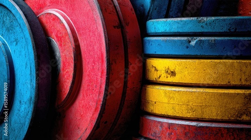 Colorful weight plates stacked