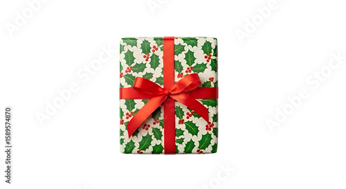 Wrapped Gift Box with Holly Pattern and Red Ribbon on Transparent Background Nicely