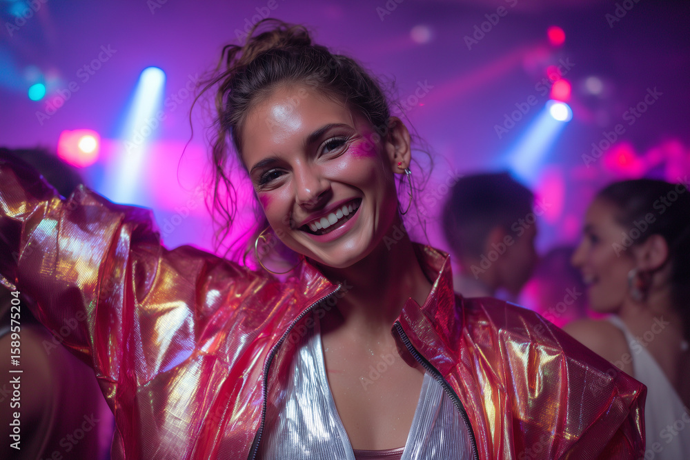Energetic young woman enjoying a vibrant night out at a colorful party with bright lights and joyful atmosphere Energetic young woman enjoying a vibrant night out at a colorful party with bright lights and joyful atmosphere
