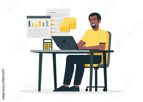 Happy Professional Man Analyzing Data Reports with Laptop Calculator and Charts Financial Analysis Business Work Smiling