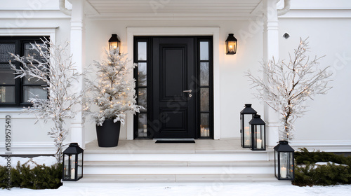 Decorated entrance with black door and lanterns