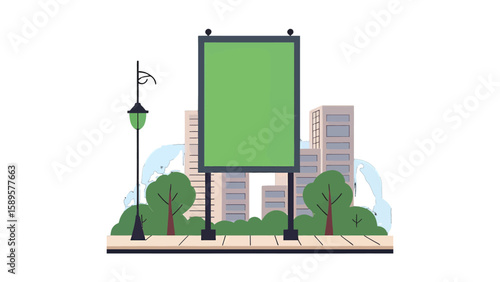 Illustration of a blank green billboard stands tall within a cityscape scene, amidst trees, buildings, and a vintage streetlamp, offering customizable space for advertisement.