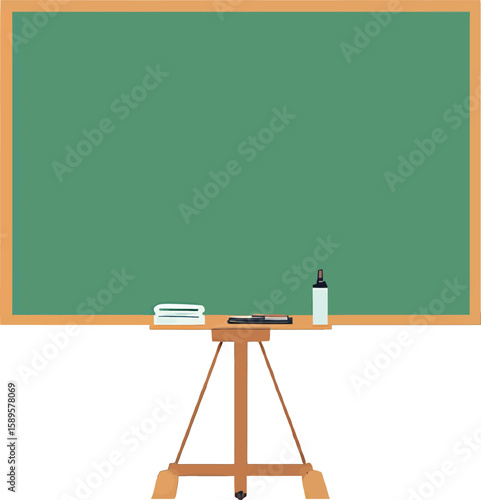 An illustration of a blank green chalkboard on a wooden stand against a black background, evoking learning, teaching, and classroom environment with school supplies.