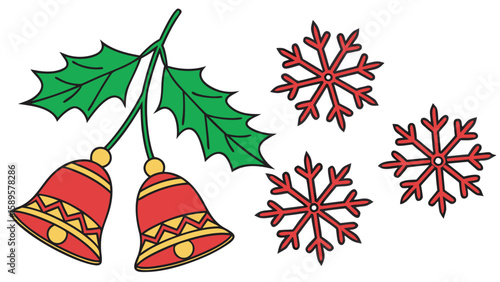 Red bells green holly snowflakes christmas