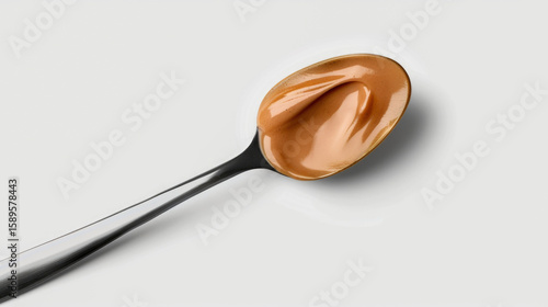 Minimalist view turmeric-inspired sauce in spoon, styled over clean pale surface for culinary focus