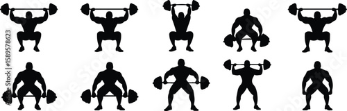 Muscular figures performing weightlifting exercises strength power set, bundle, vector, isolated on white background, cutout, png, clipping path, transparent, image, download, 2025,2026